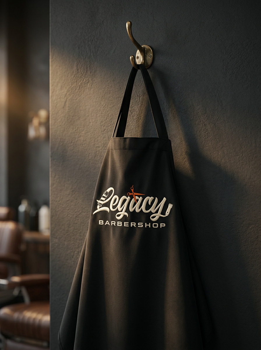 Legacy Barbershop barberschort met geborduurd logo